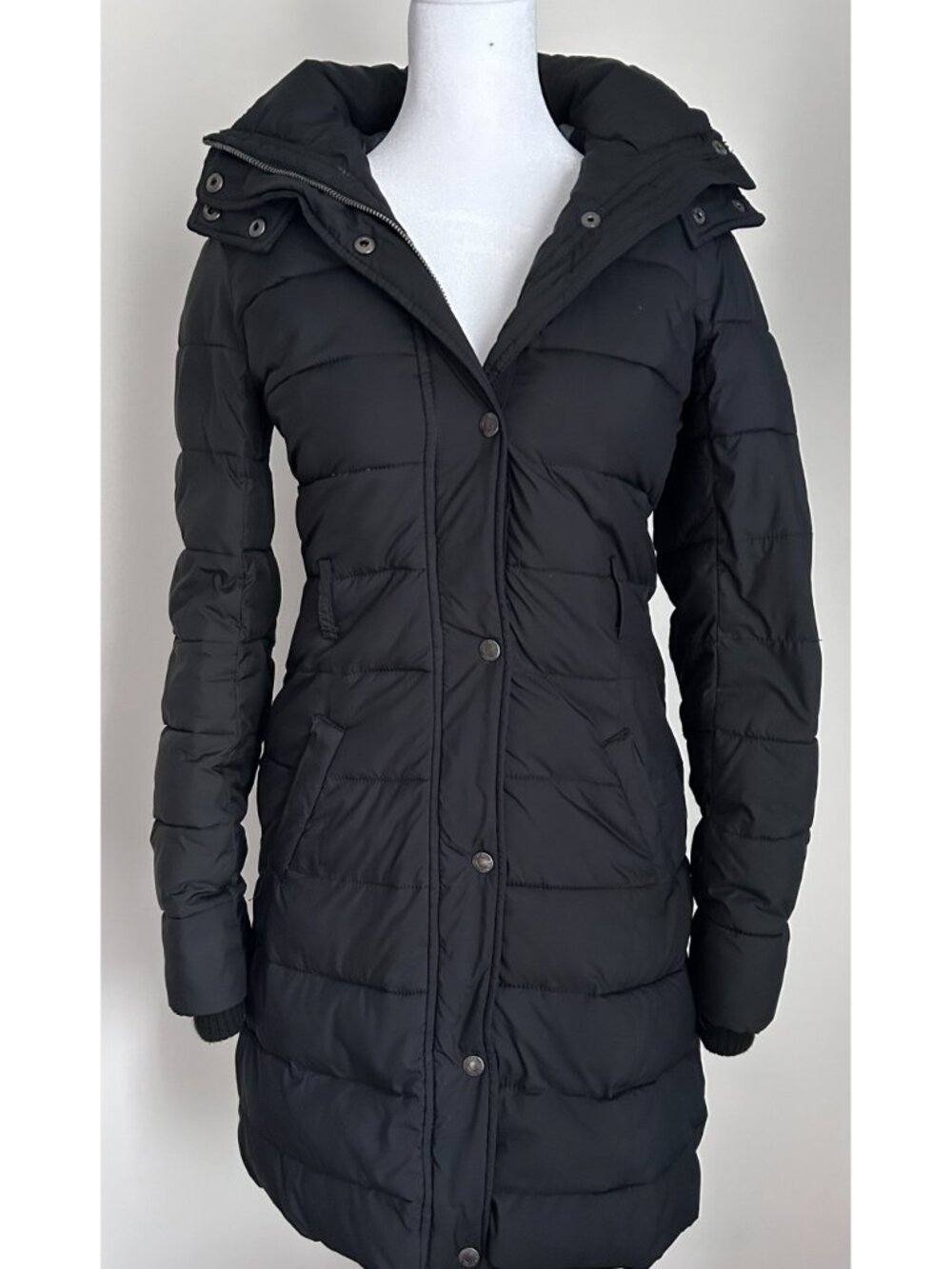 Abercrombie & Fitch Hooded Black Puffer Parka Climafill Long Jacket, Pockets, XS
